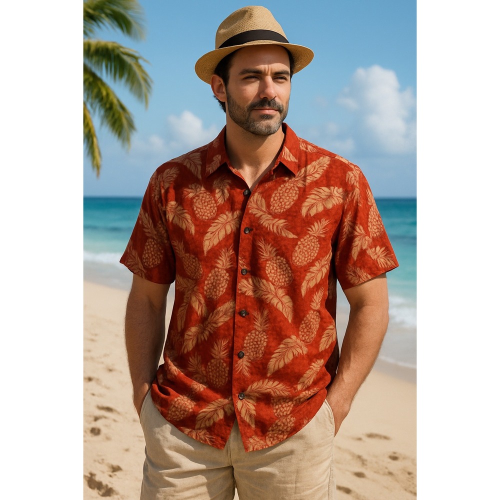 CAMPIA Red and White Tropical Print Rayon Button-down Short Sleeves Shirt Size L